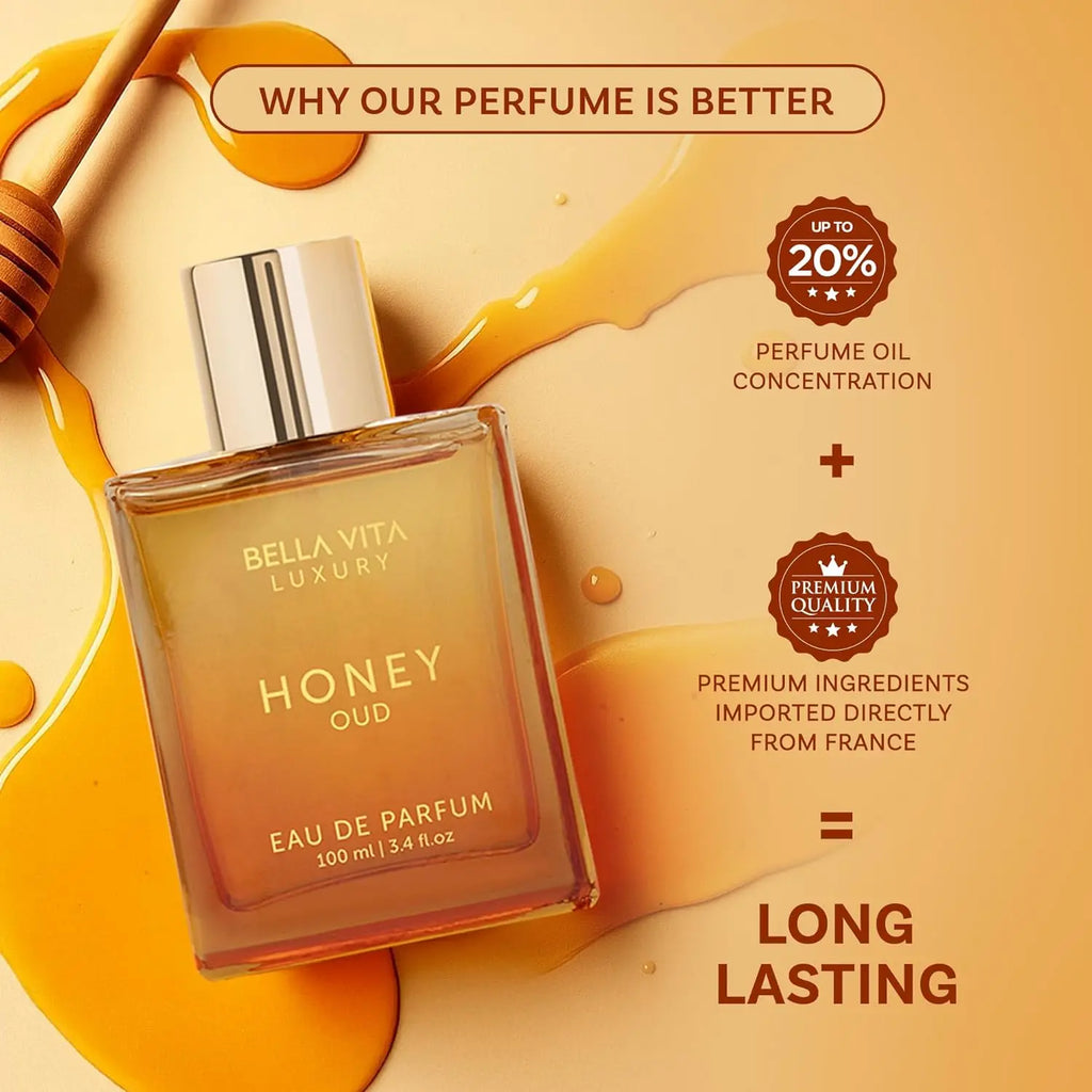BellaVita Honey Oud EDP - 3.4oz/100ml Intense All-Day Wear Warm Amber & Sweet Vanilla Perfume - Long-Lasting Gift for Her