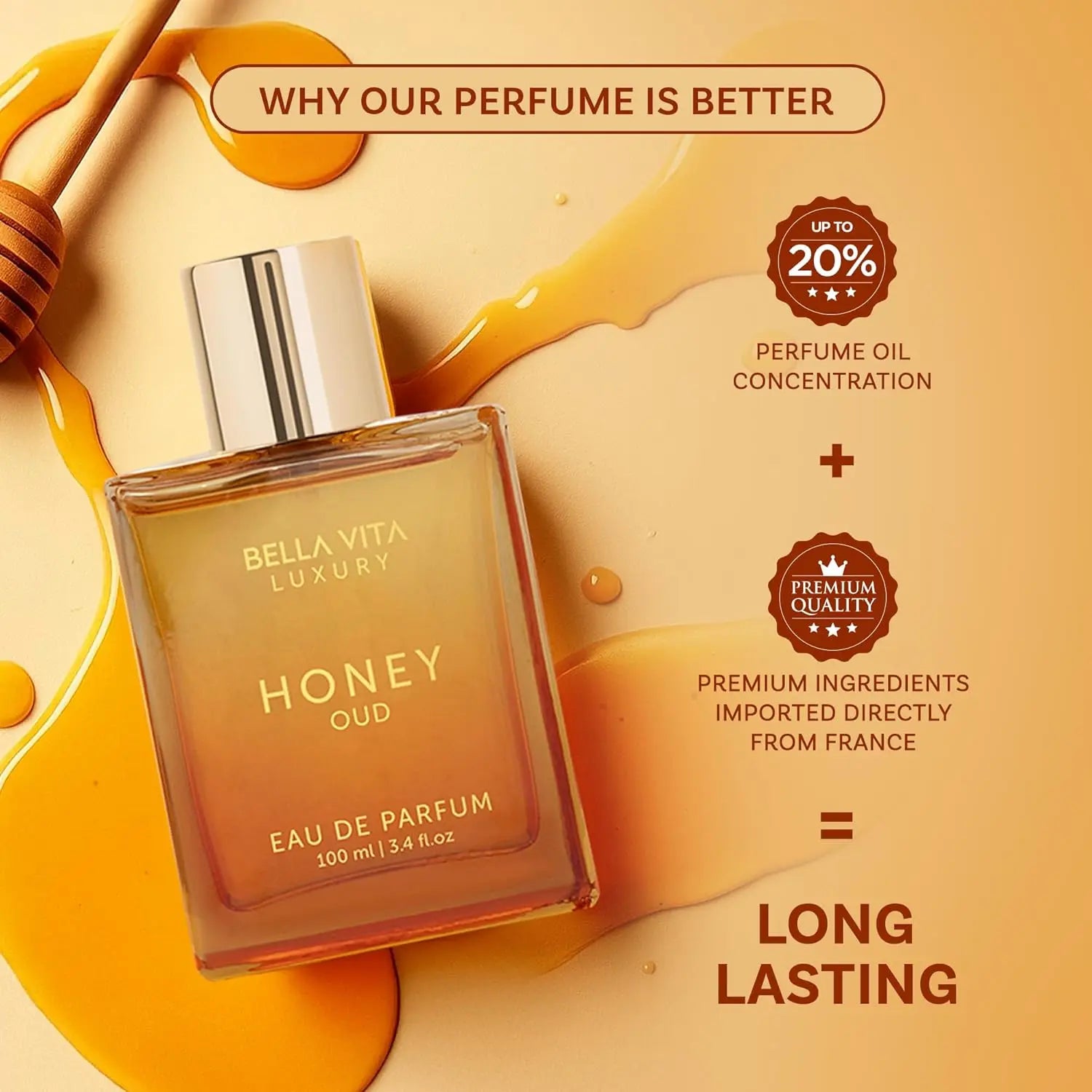 BellaVita Honey Oud EDP - 3.4oz/100ml Intense All-Day Wear Warm Amber & Sweet Vanilla Perfume - Long-Lasting Gift for Her